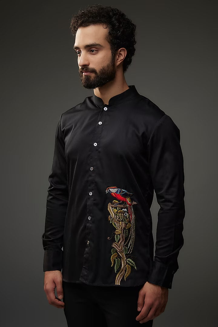 Black Poplin Shirt With Embroidery