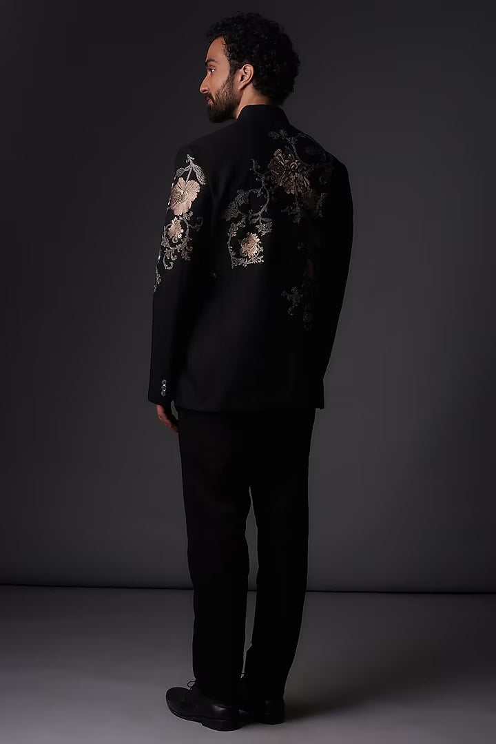 Black Matka Silk Floral Embroidered Bandhgala