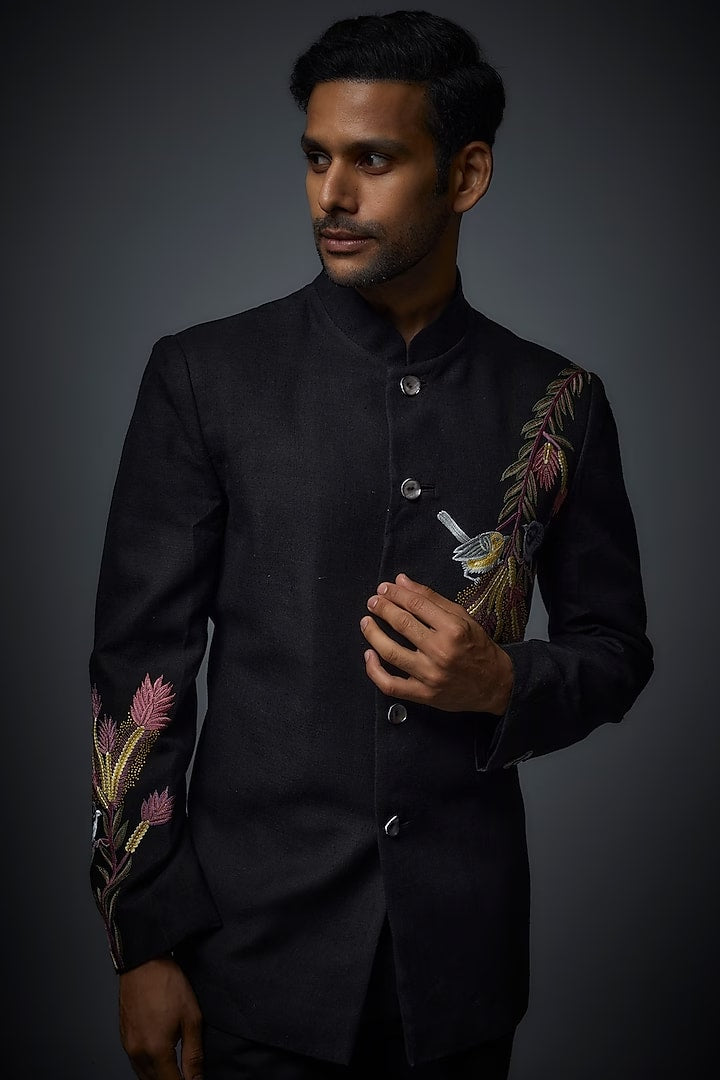 Black Matka Silk Floral Embroidered Bandhgala Set