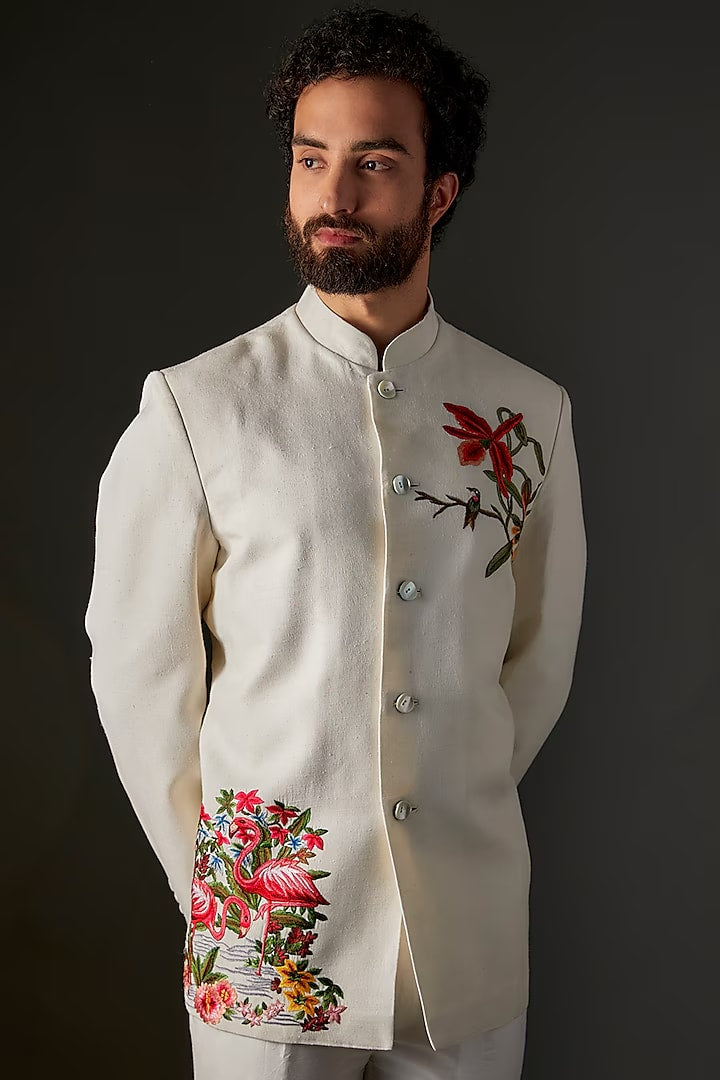 Ivory Matka Silk Hand & Machine Embroidered Bandhgala