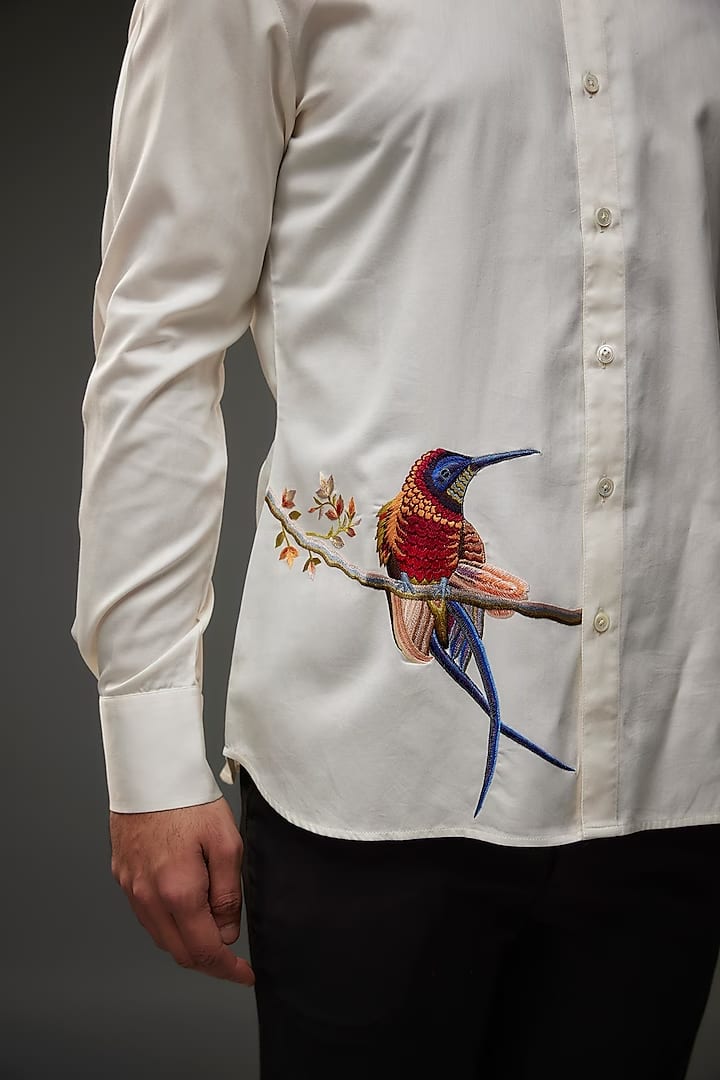 Ivory Poplin Shirt With Embroidery