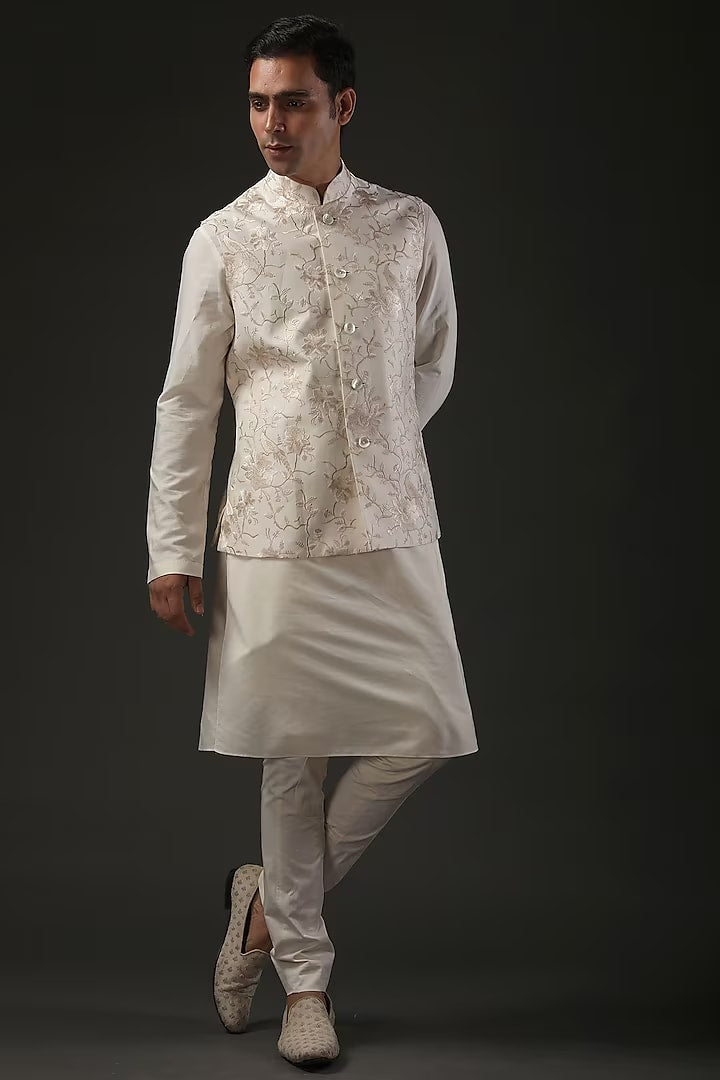Ivory Chanderi Resham Embroidered bundi