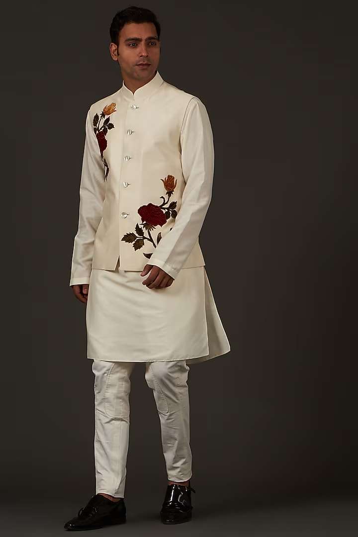 Ivory Linen Hand Embroidered bundi