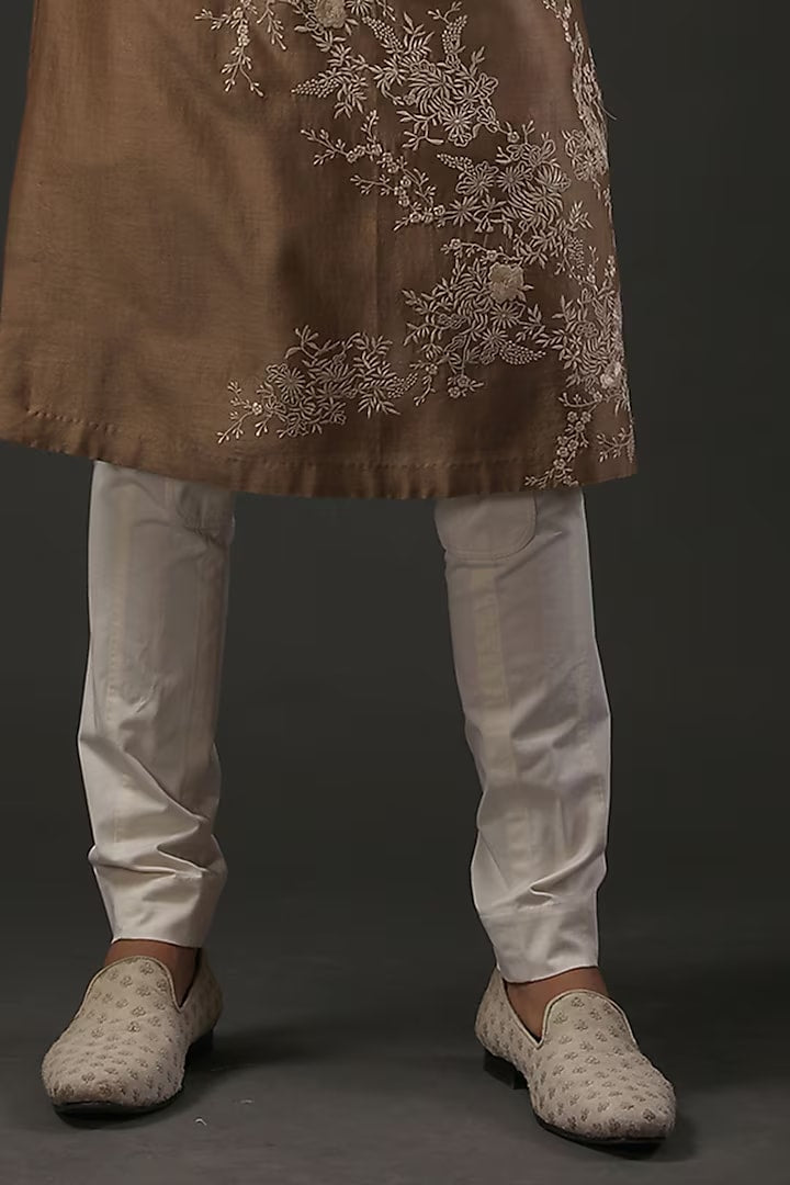 Men Brown Chanderi Silk Resham Embroidered Kurta Set
