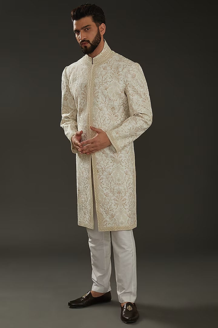 Men Ivory Matka Silk Resham Hand Embroidered Sherwani