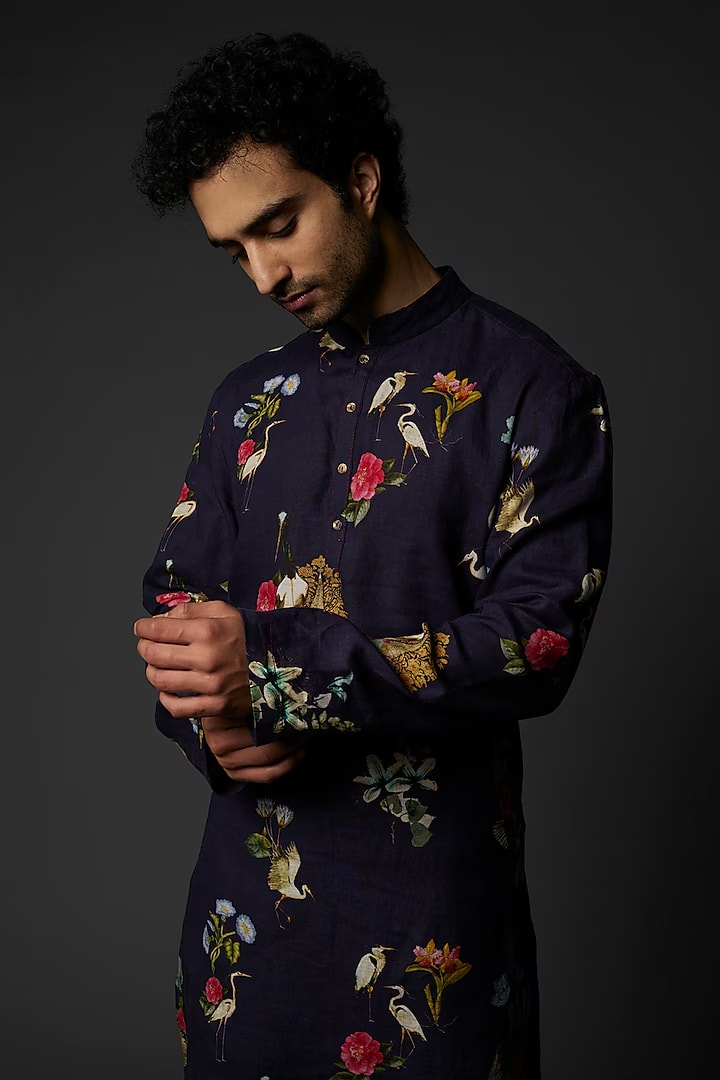 Men's Indigo Blue Printed Kurta Set