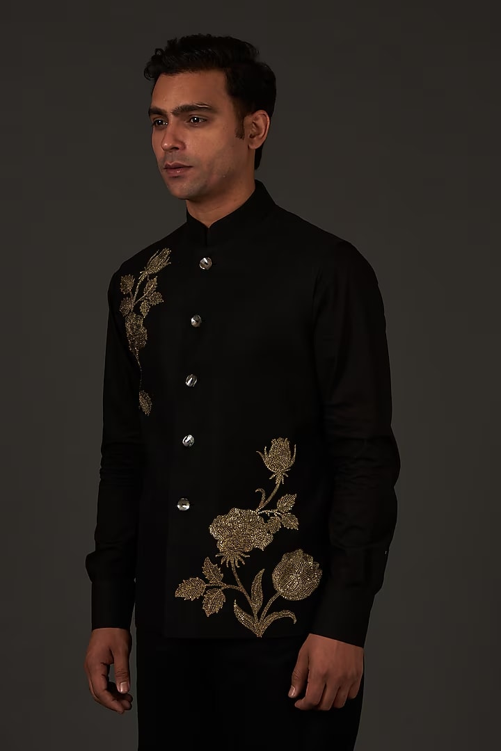 Black Linen Hand Embroidered bundi