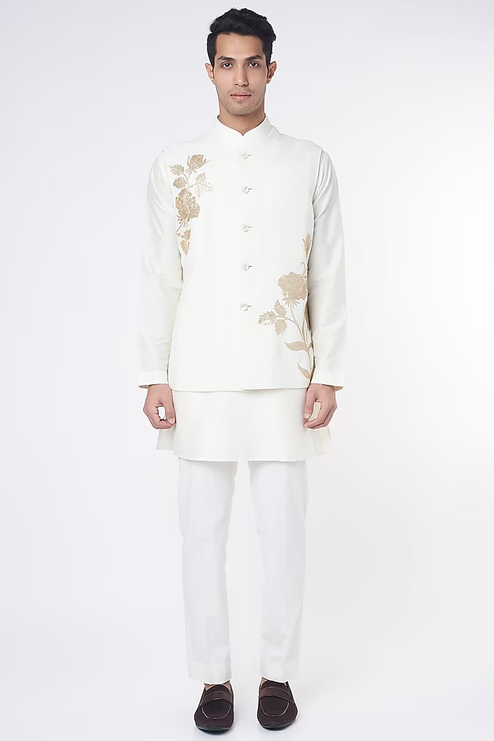 White Linen Sequins Embroidered bundi