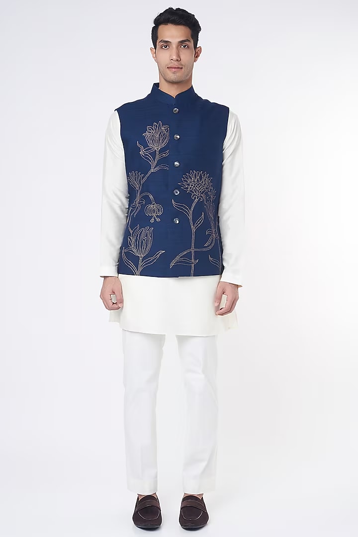 Indigo Linen Embroidered bundi Set
