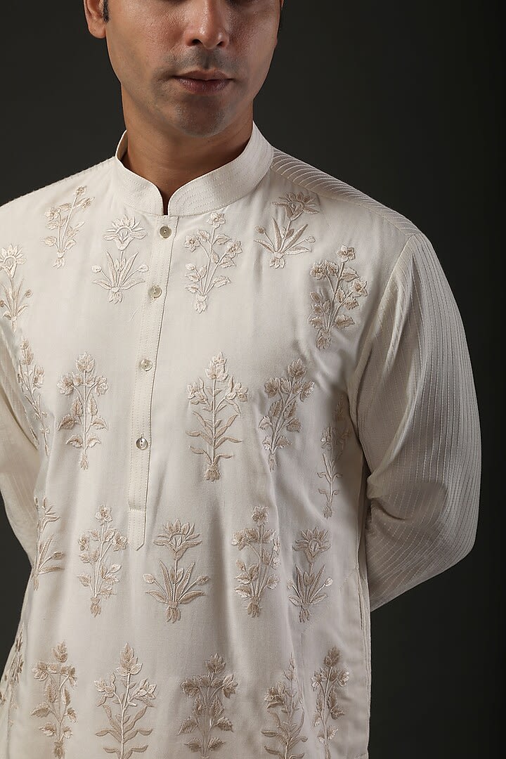 Men Ivory Chanderi Silk Resham Embroidered Kurta Set