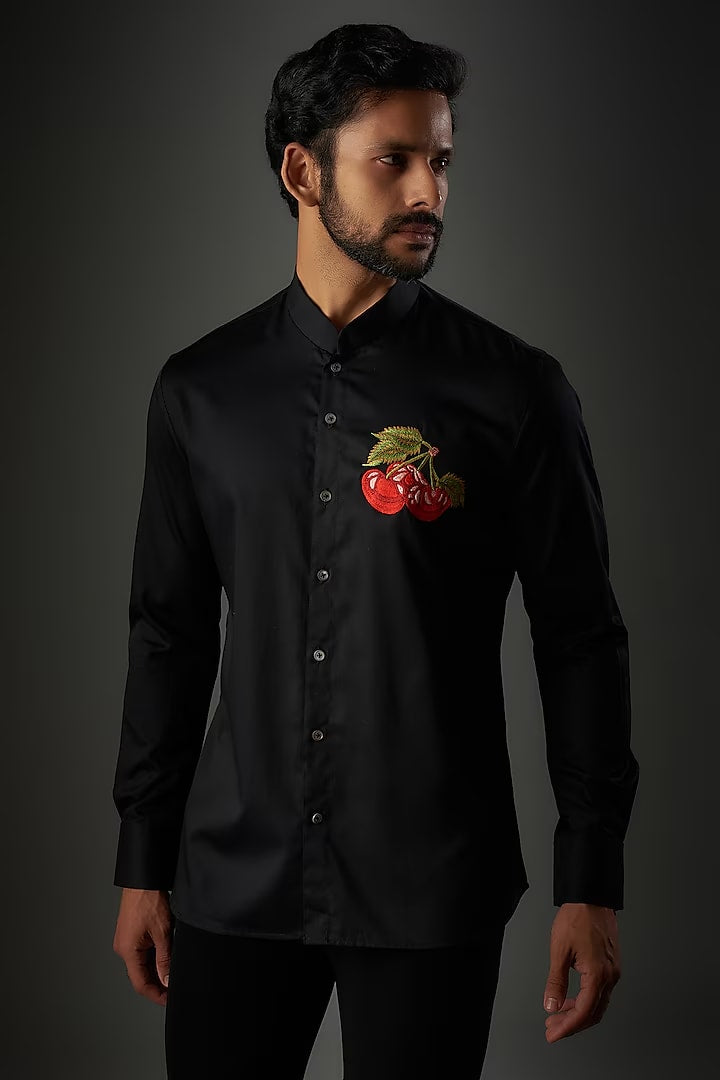 Black Poplin Shirt With Embroidery