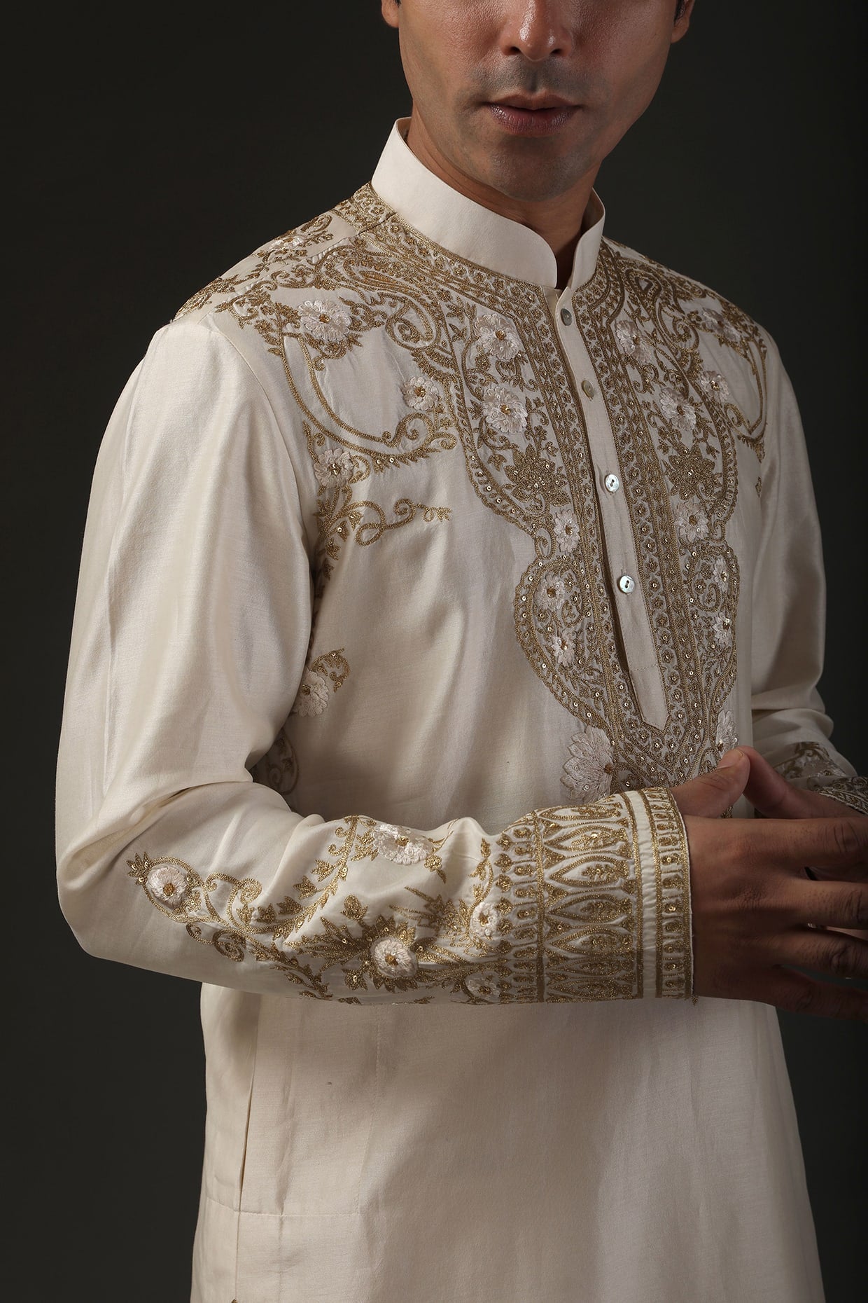 Men Ivory Chanderi Silk Zari Embroidered Kurta Set