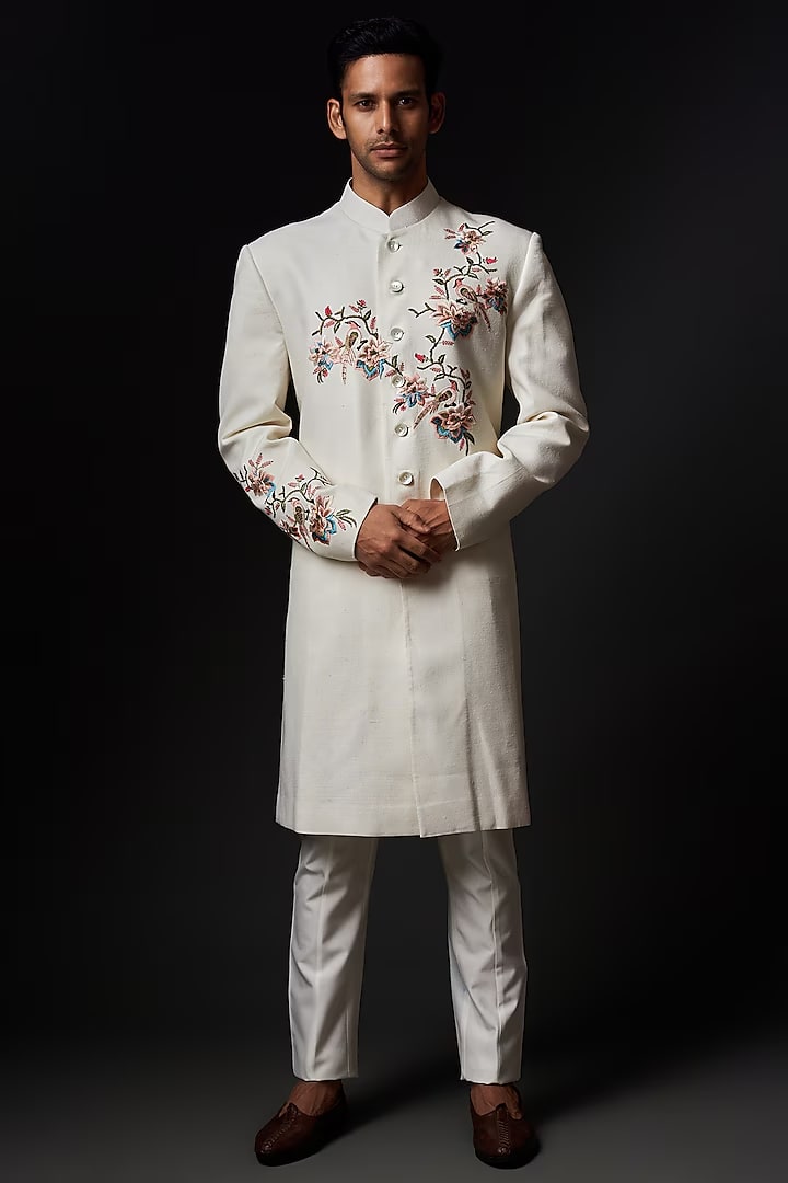 Men Ivory Matka Silk Embroidered Sherwani