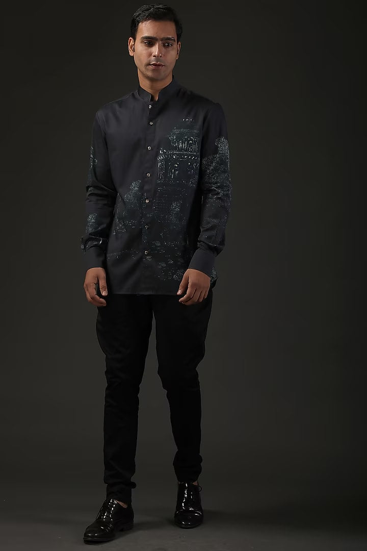 Black Poplin Shibori Digital Printed Shirt