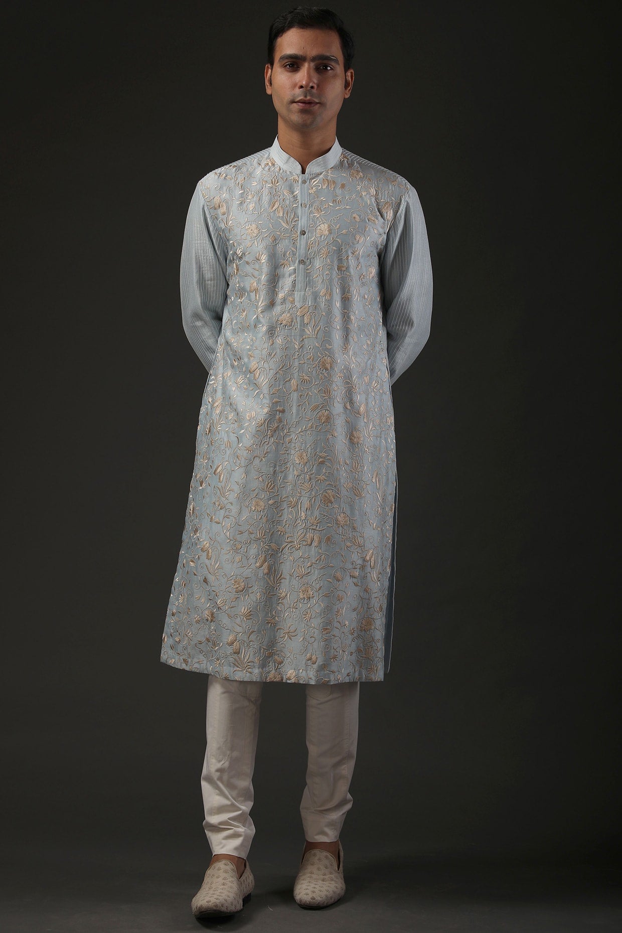 Men Powder Blue Embroidered Kurta Set