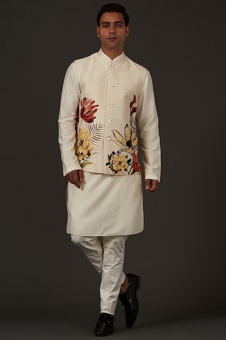 Ivory Linen Floral Printed Bundi