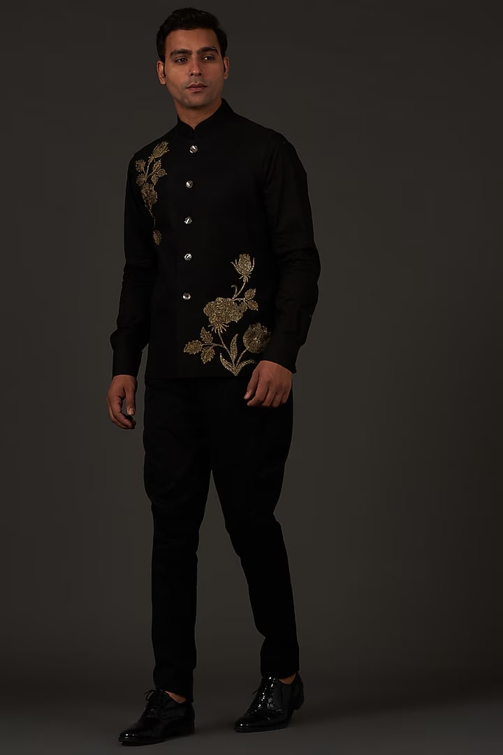 Black Linen Hand Embroidered bundi