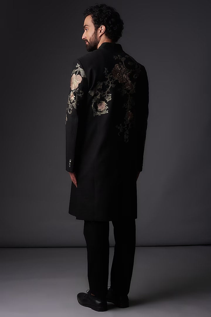 Men Black Matka Silk Floral Embroidered Sherwani