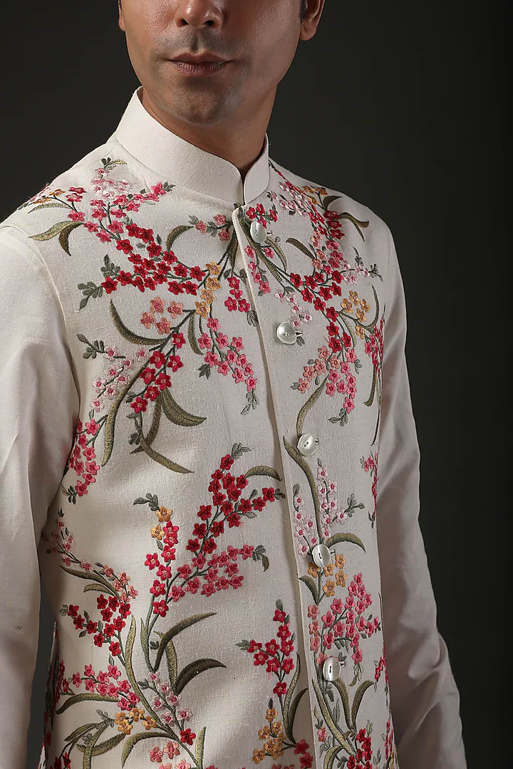 Ivory Matka Silk Resham Embroidered bundi
