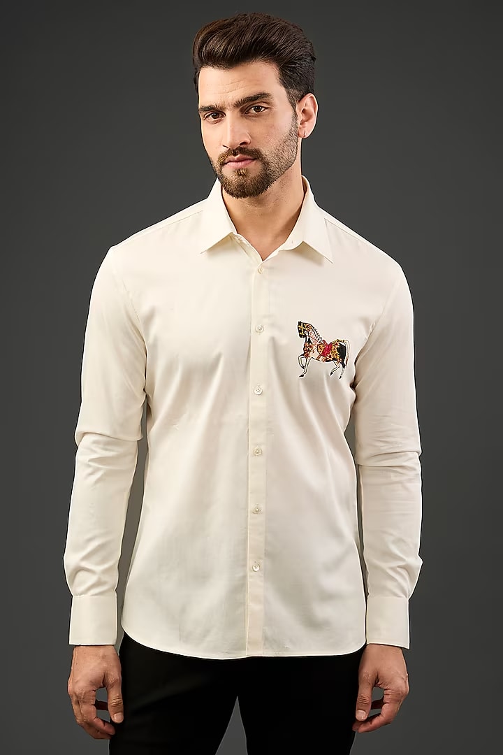Ivory Poplin Shirt With Bird Embroidery