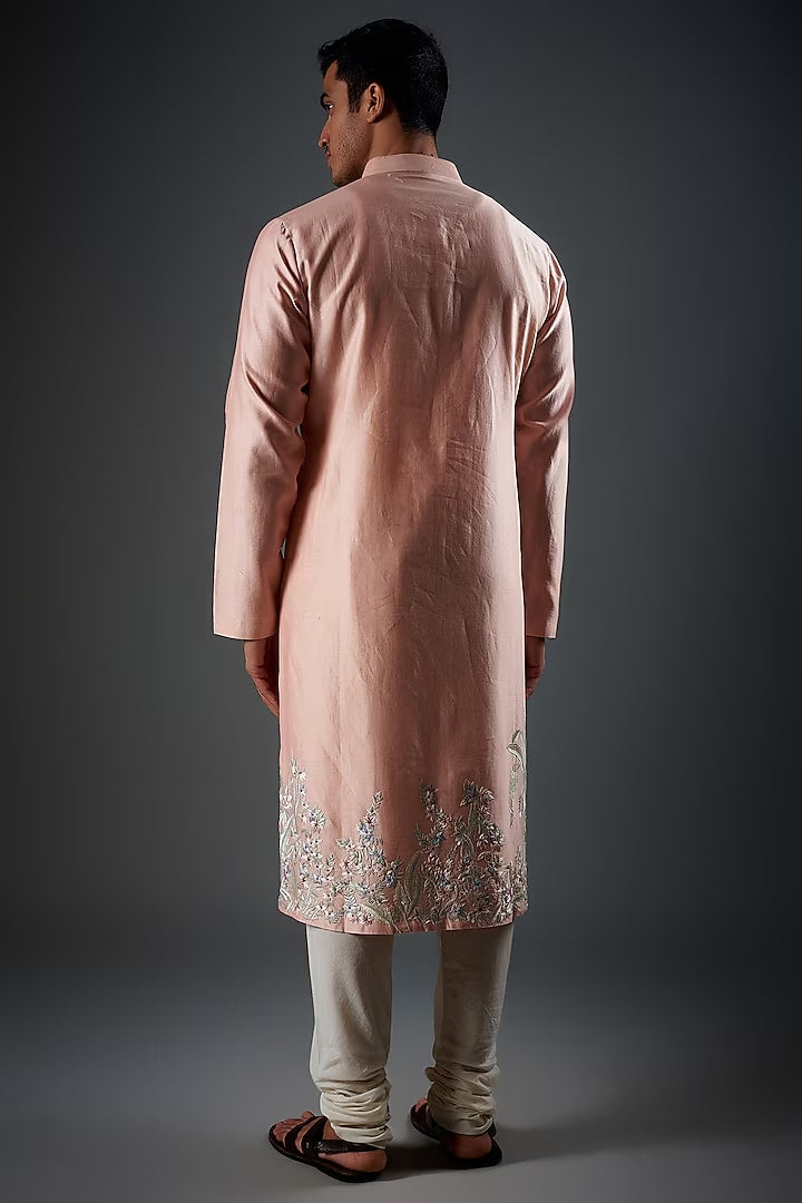 Men Dull Pink Chanderi Silk Hand Embroidered Kurta Set