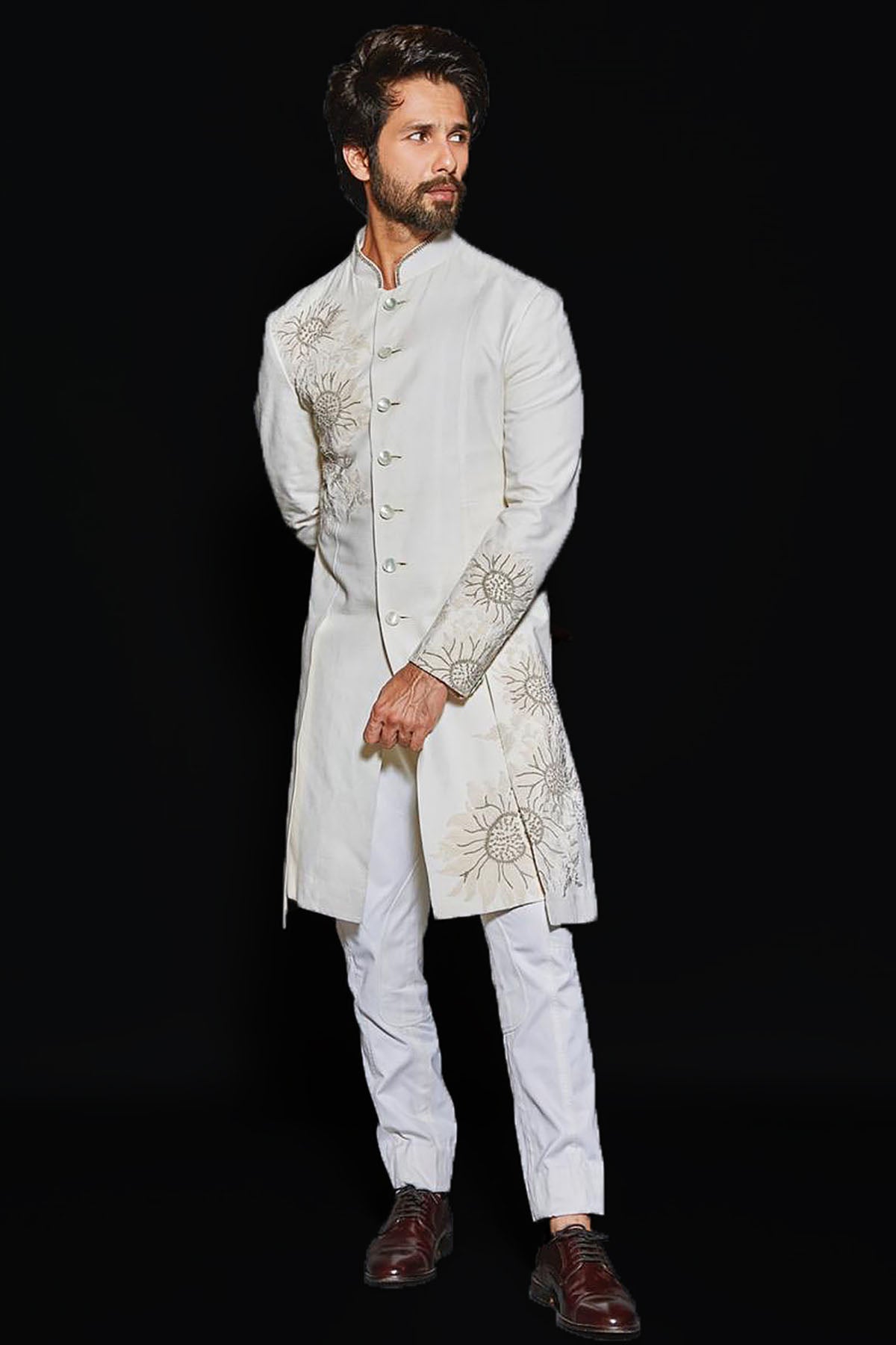 Ivory Matka Silk Sherwani With Embroidery