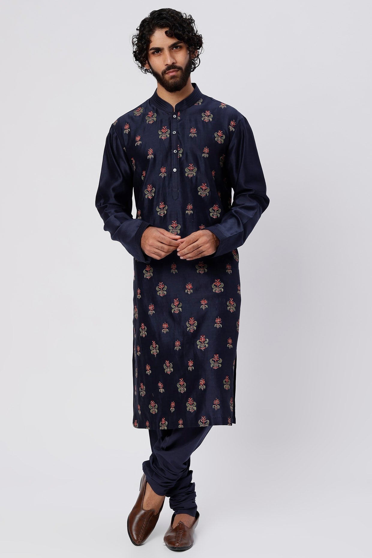 Men Indigo Embroidered Kurta Set