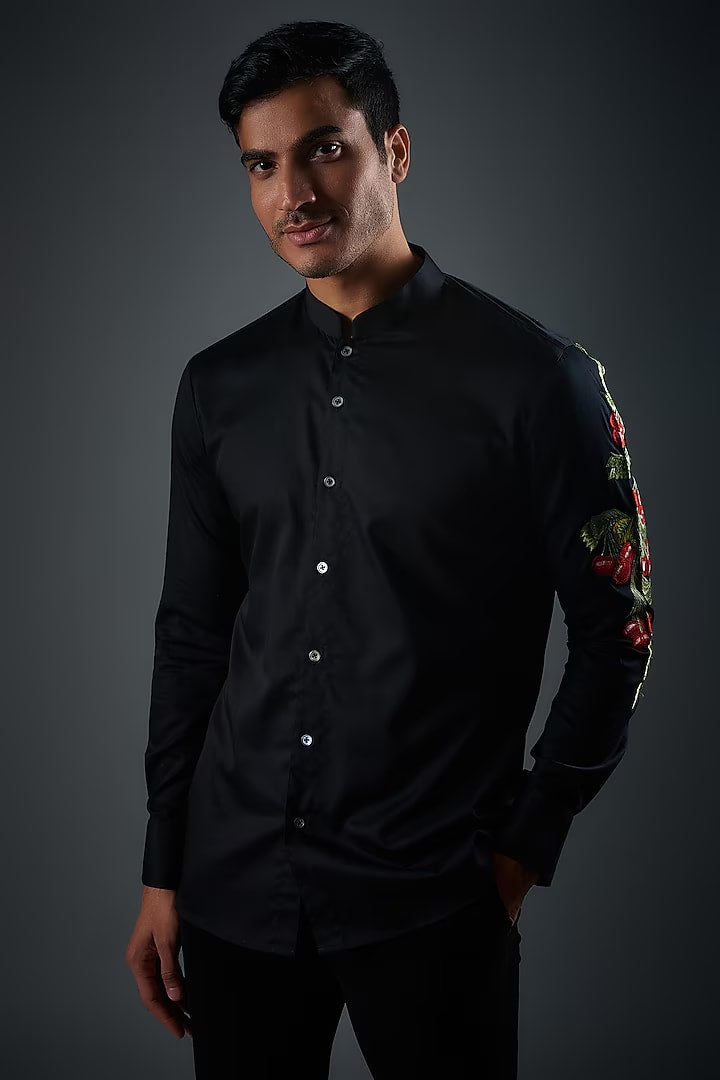 Black Poplin Shirt With Embroidery
