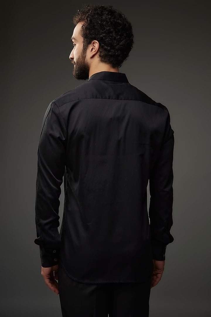 Black Poplin Shirt With Bird Embroidered
