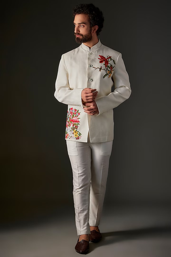 Ivory Matka Silk Hand & Machine Embroidered Bandhgala