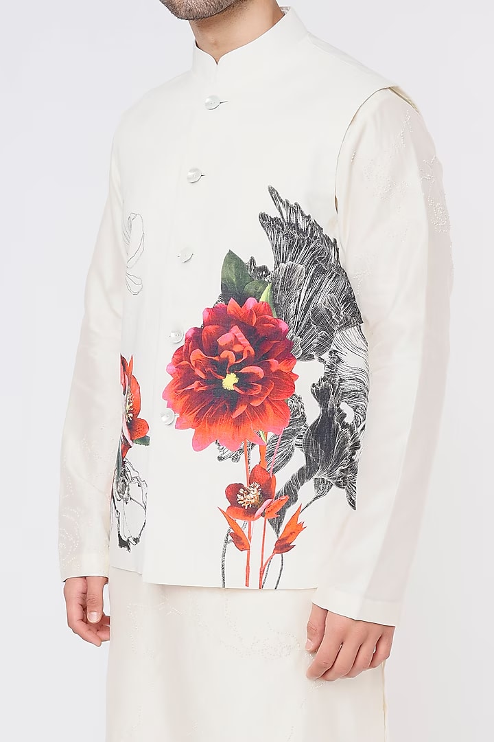 Ivory Linen Floral Printed Bundi