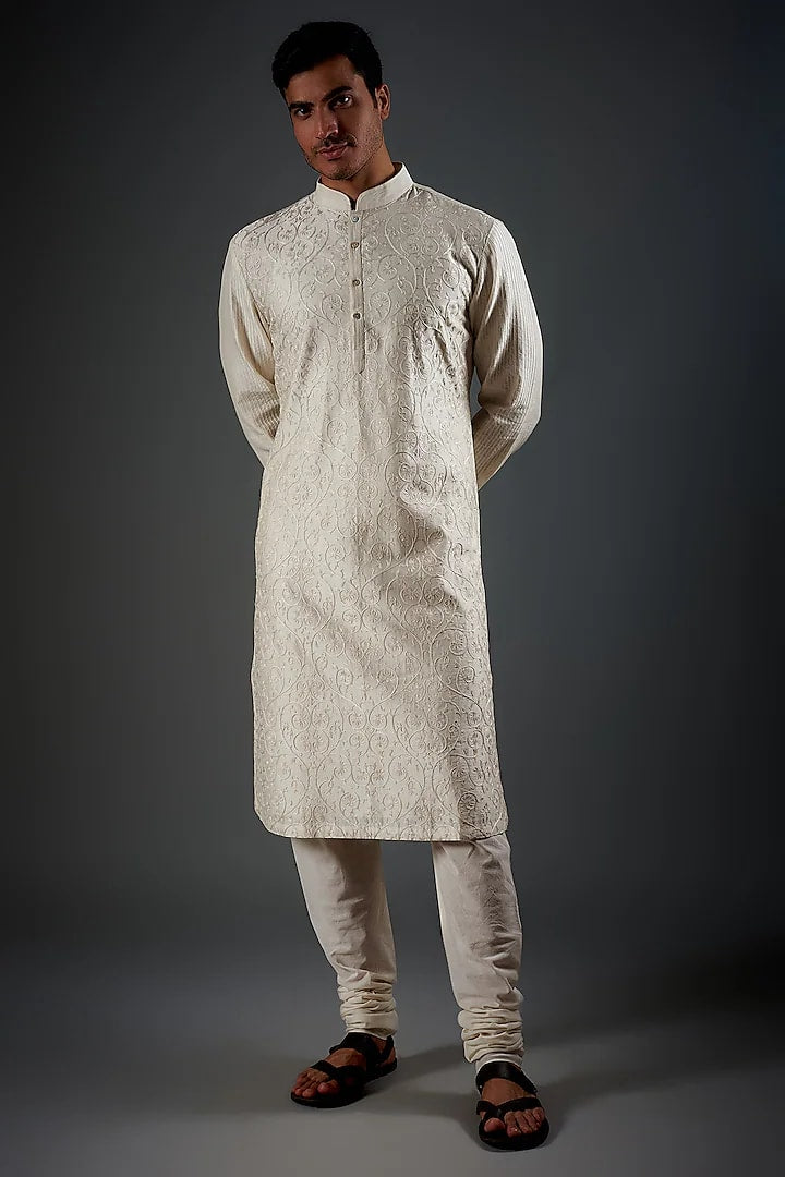 Men Ivory Chanderi Silk Resham Embroidered Kurta Set