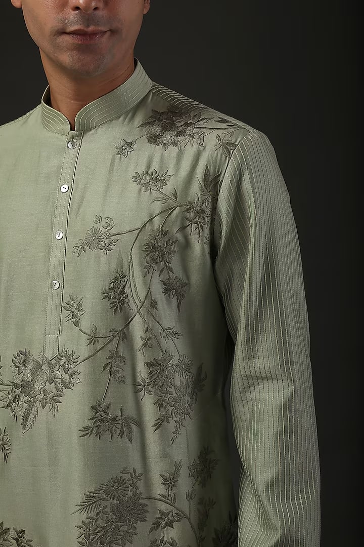 Men Green Embroidered Kurta Set