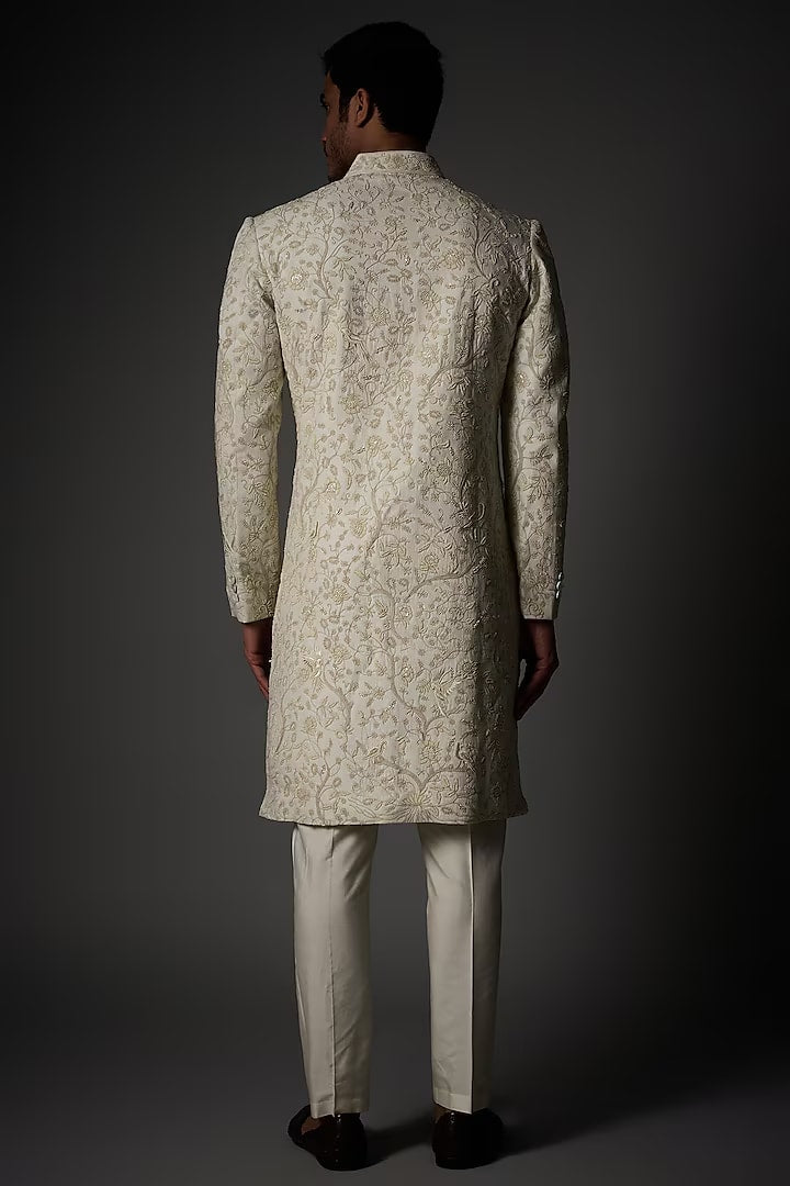 Men Ivory Matka Silk Pearl Hand Embroidered Sherwani