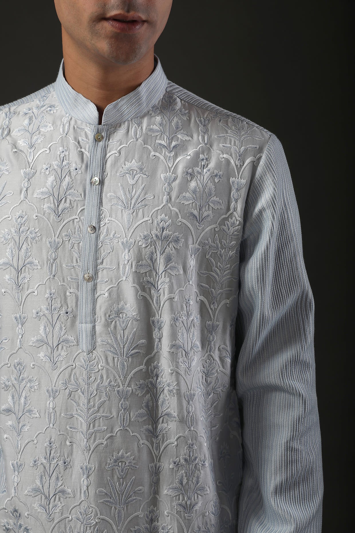 Men Powder Blue Chanderi Silk Embroidered Kurta Set
