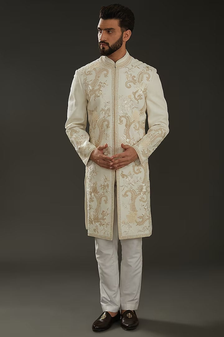 Men Ivory Matka Silk Hand Embroidered Sherwani