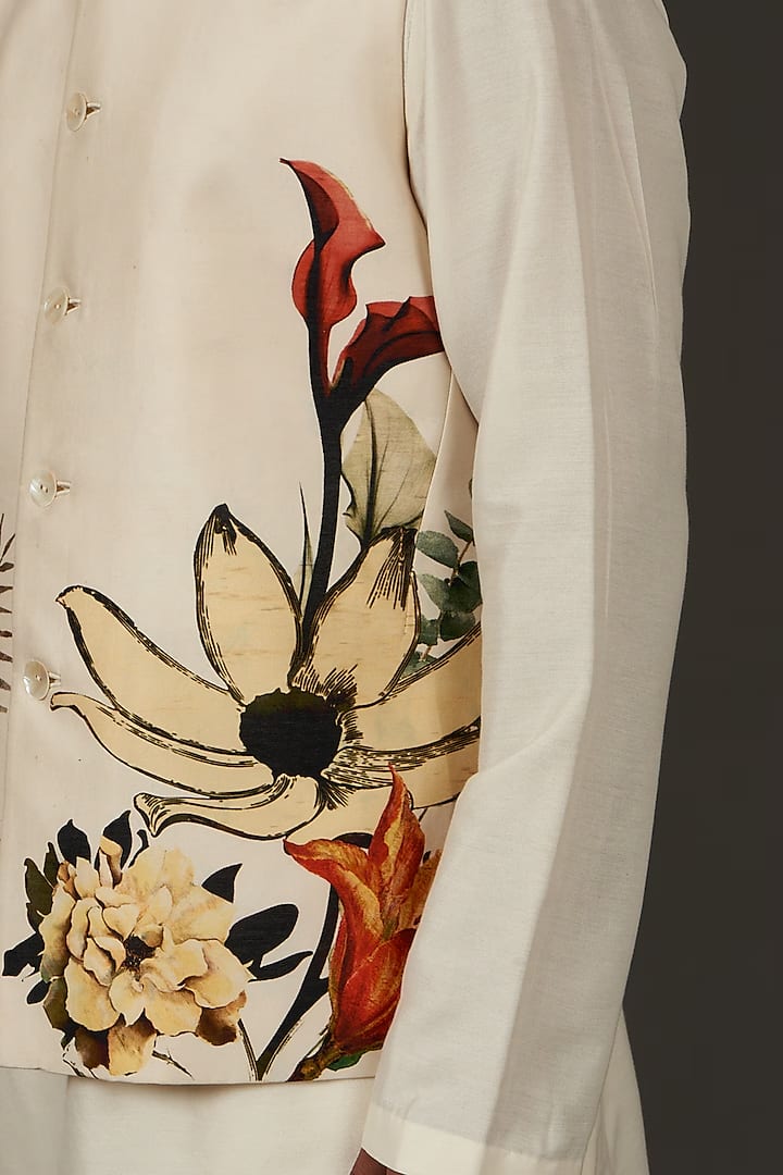 Ivory Linen Floral Printed Bundi