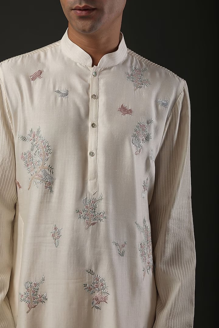 Men Ivory Chanderi Silk Resham Embroidered Kurta Set
