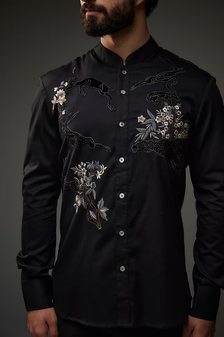 Black Poplin Shirt With Bird Embroidered