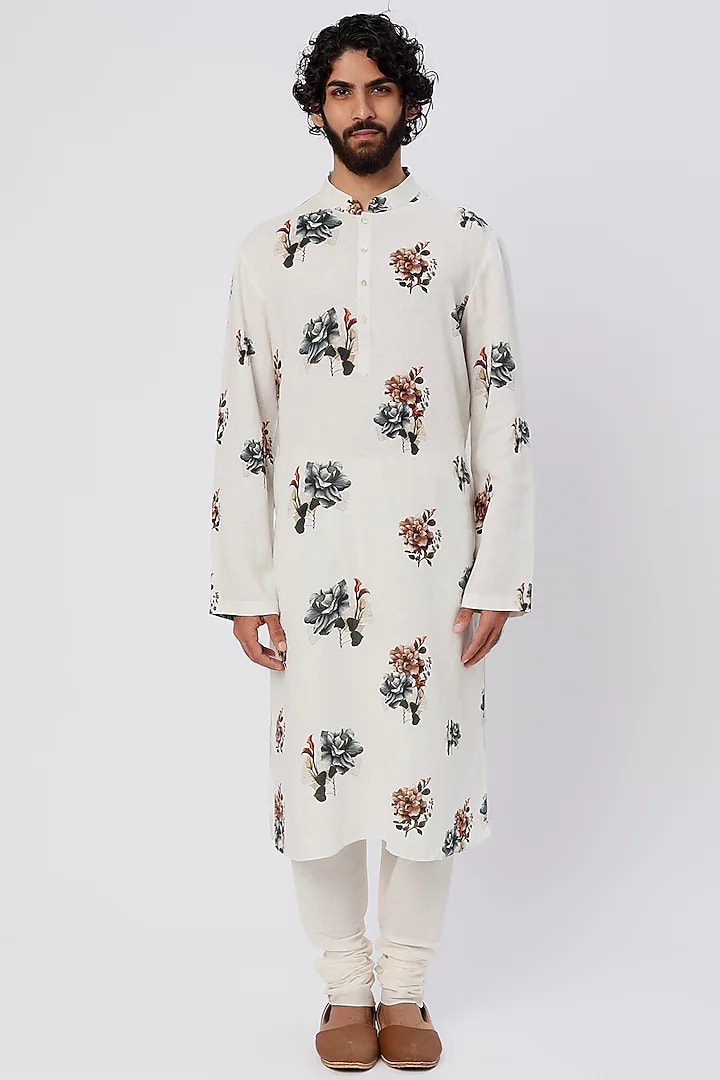 Men Ivory Floral Printed Kurta Set