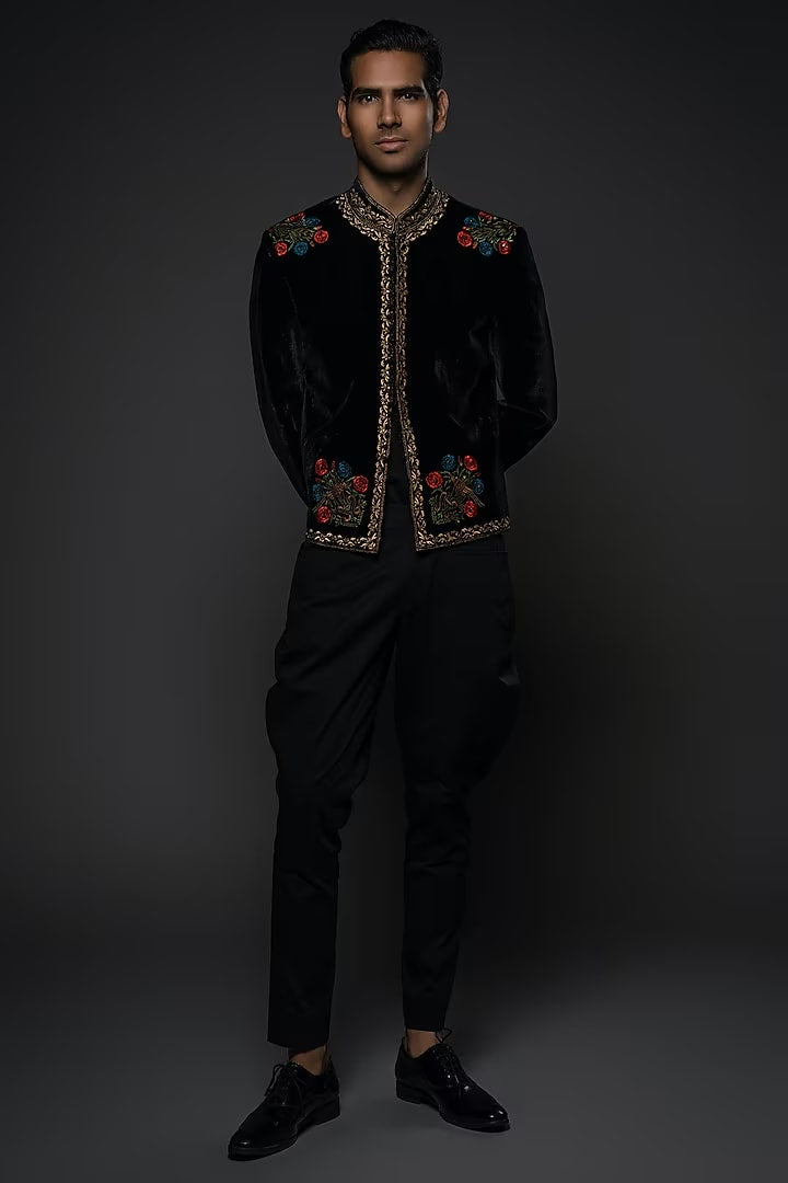 Black Velvet Resham & Thread Hand Embroidered Jacket