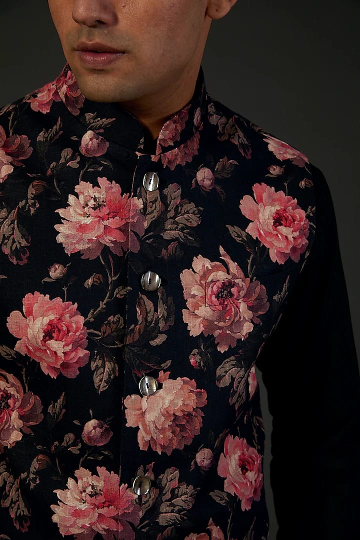 Black Linen Floral Digital Printed Bundi