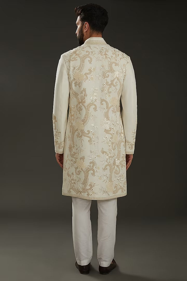Men Ivory Matka Silk Hand Embroidered Sherwani