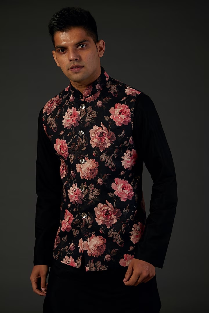 Black Linen Floral Digital Printed Bundi