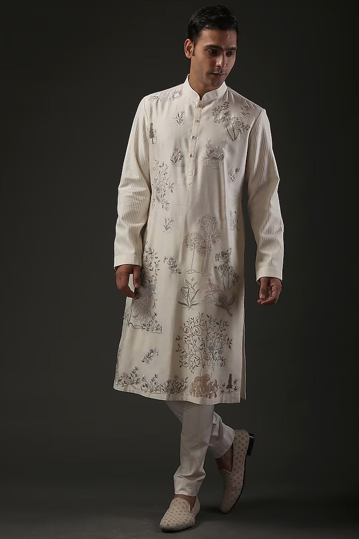 Men Ivory Chanderi Silk Resham Embroidered Kurta Set