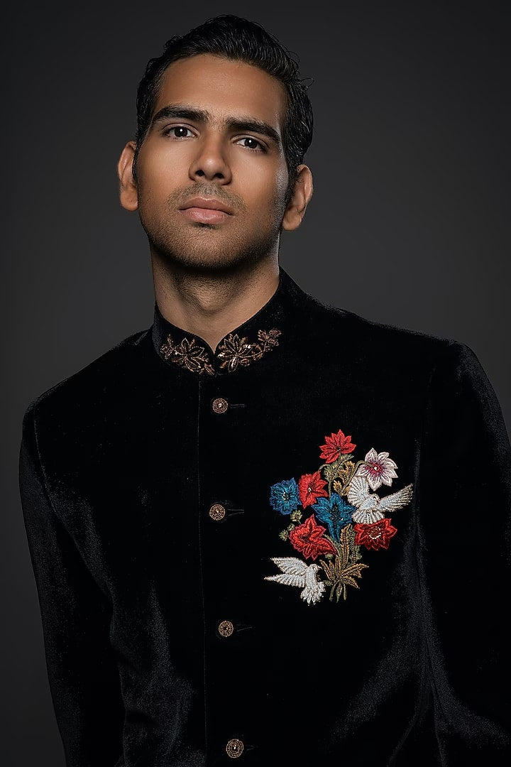 Black Velvet Resham & Thread Hand Embroidered Bandhgala