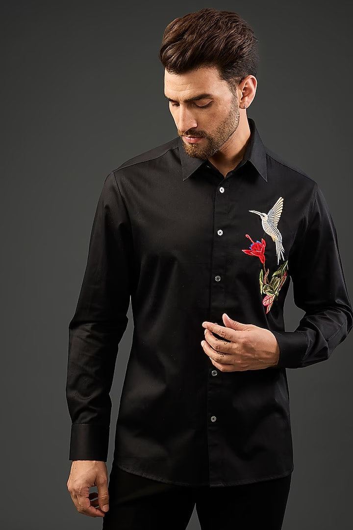 Black Poplin Shirt With Embroidery