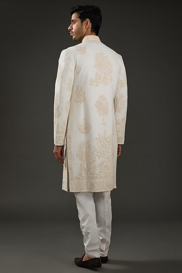 Men Ivory Chanderi Silk Hand Embroidered Sherwani