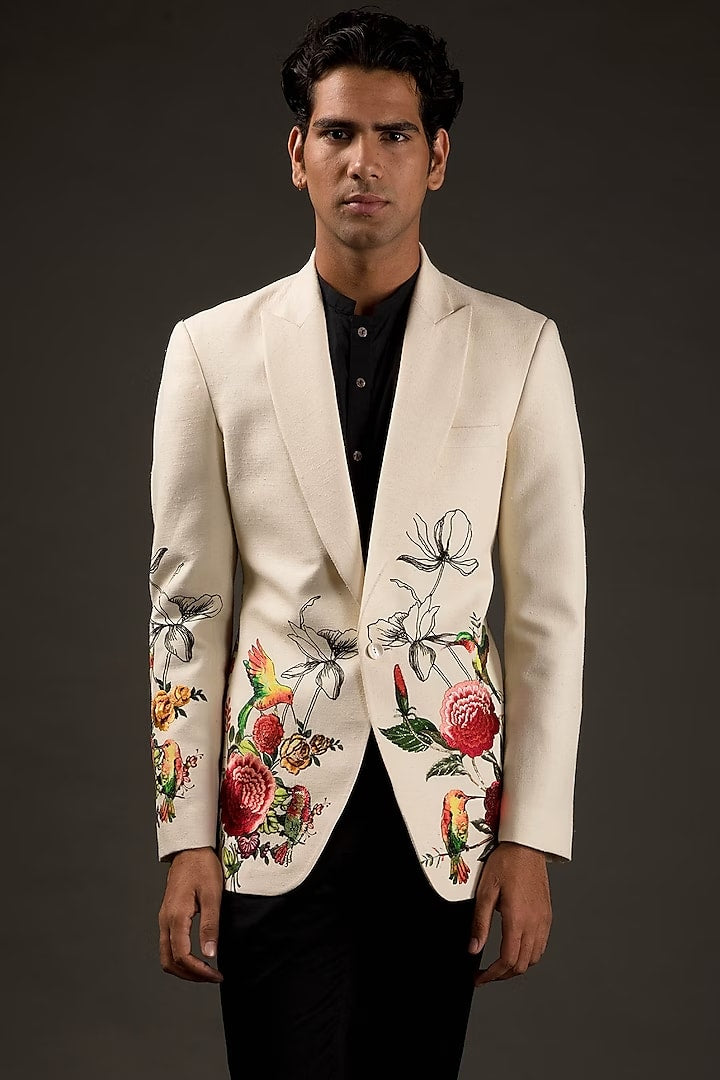 Men Ivory Linen Thread Embroidered Tuxedo