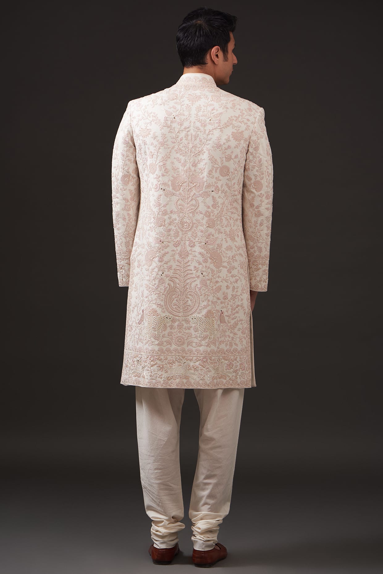 Men Powder Pink Matka Silk Resham Hand Embroidered Sherwani
